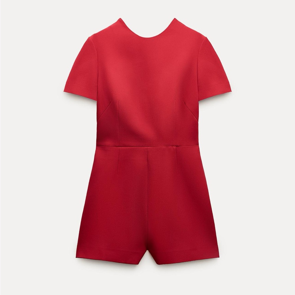 ZARA BOW TRIM SHORT RED JUMPSUIT ZW COLLECTION SIZE S!
